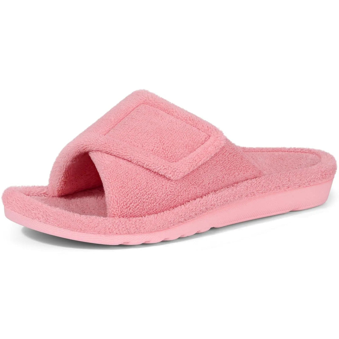 Terry open-toe slippers with adjustable strap
