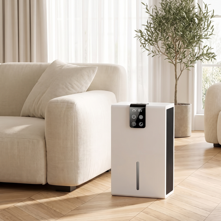Tower dehumidifier beside a cream sofa in a living room