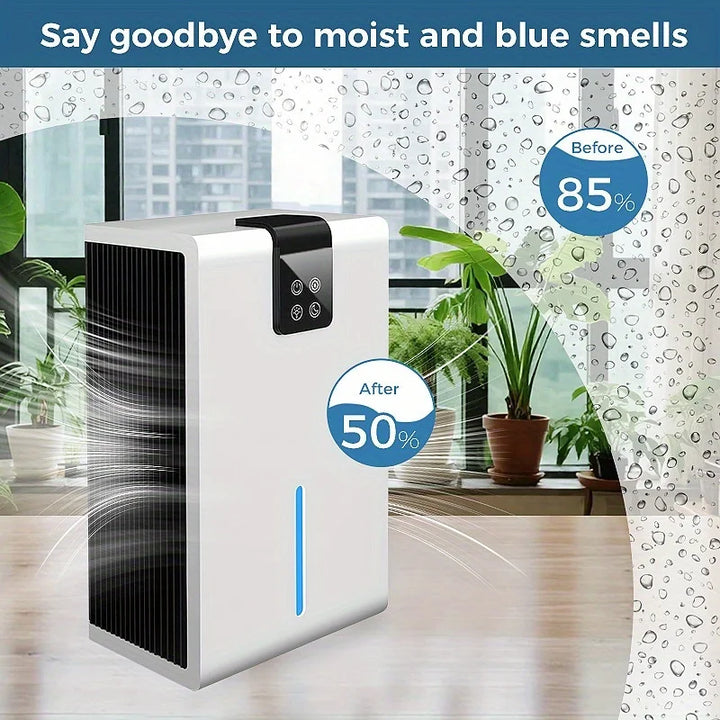 Tower dehumidifier lowering room humidity from 85% to 50%