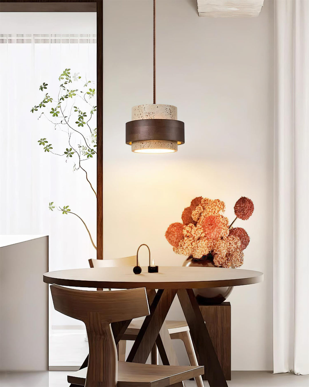 Travertine and Wood Pendant Light