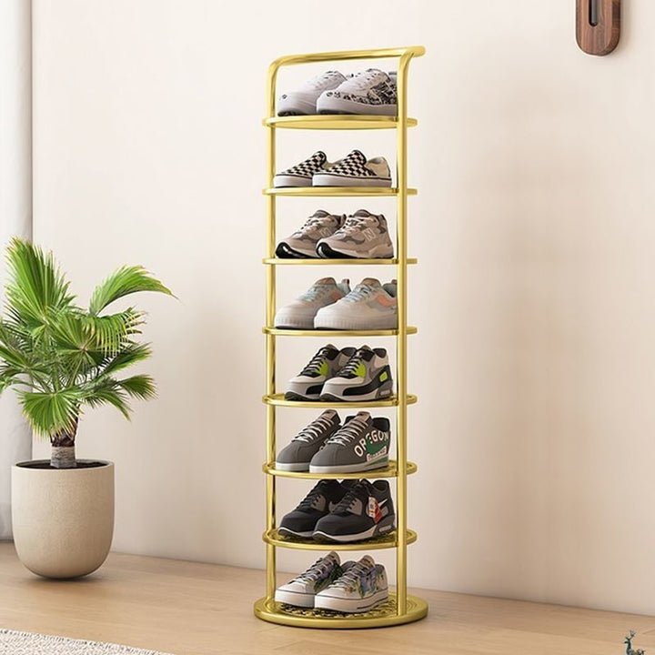 Vertical metal shoe rack with round tiers