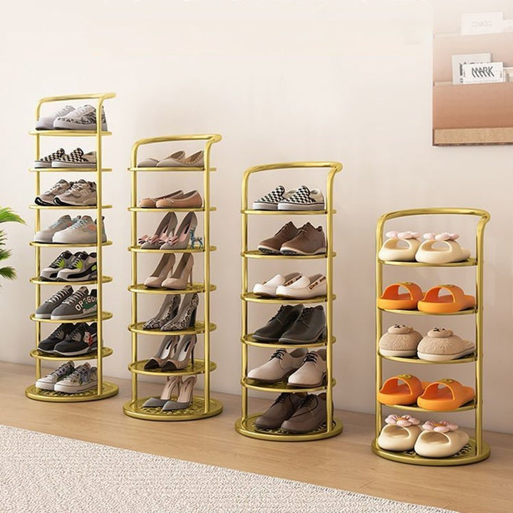 Vertical metal shoe rack with round tiers