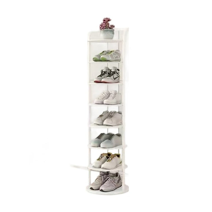 Vertical metal shoe rack with round tiers