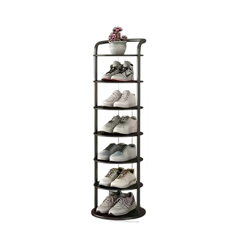 Vertical metal shoe rack with round tiers