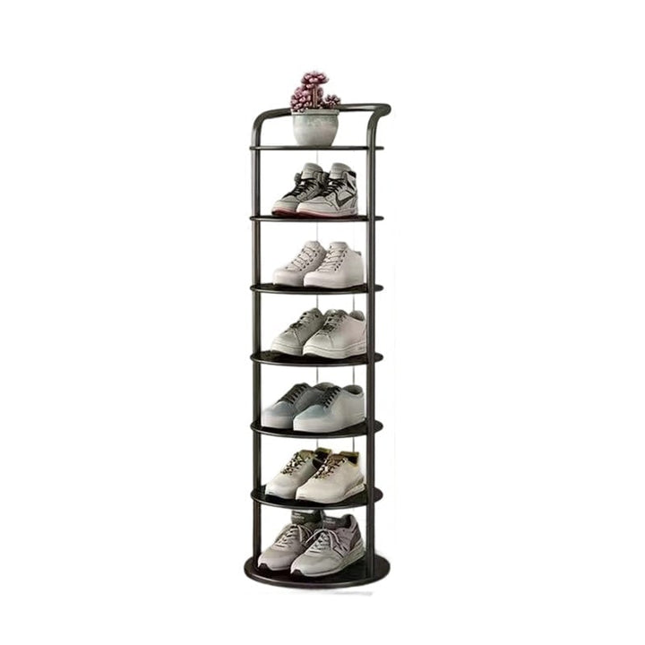Vertical metal shoe rack with round tiers