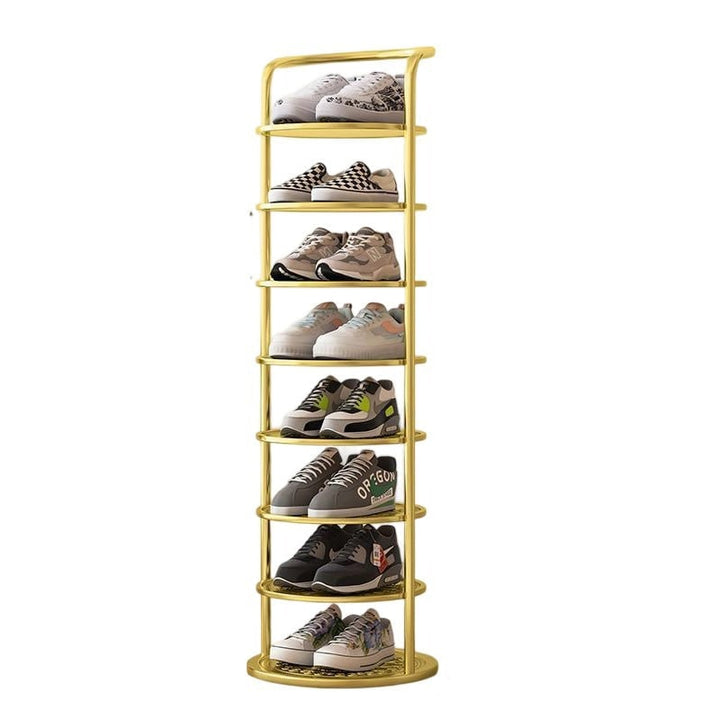 Vertical metal shoe rack with round tiers