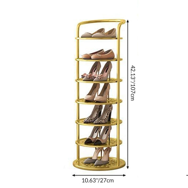 Vertical metal shoe rack with round tiers