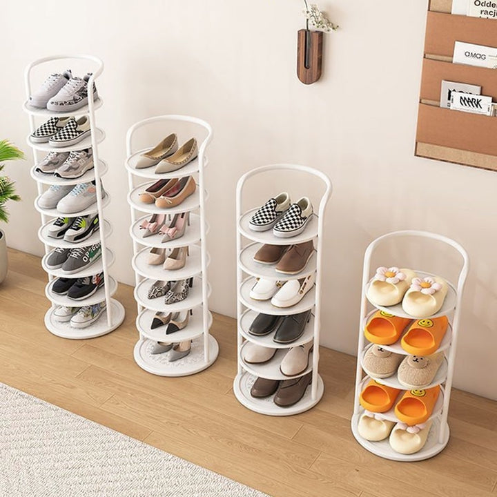 Vertical metal shoe rack with round tiers
