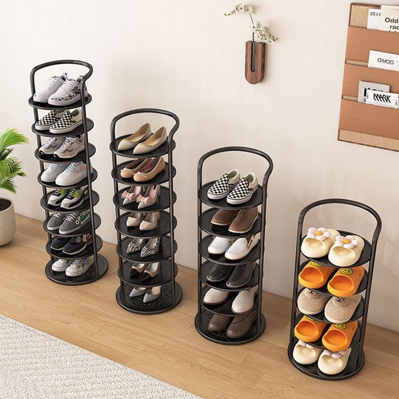 Vertical metal shoe rack with round tiers