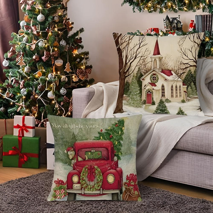 Vintage Christmas scene cushion cover