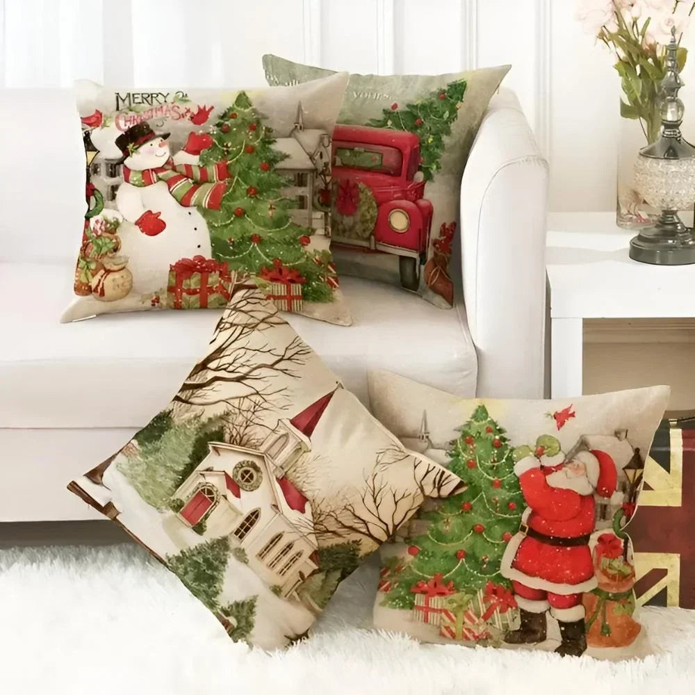 Vintage Christmas scene cushion cover