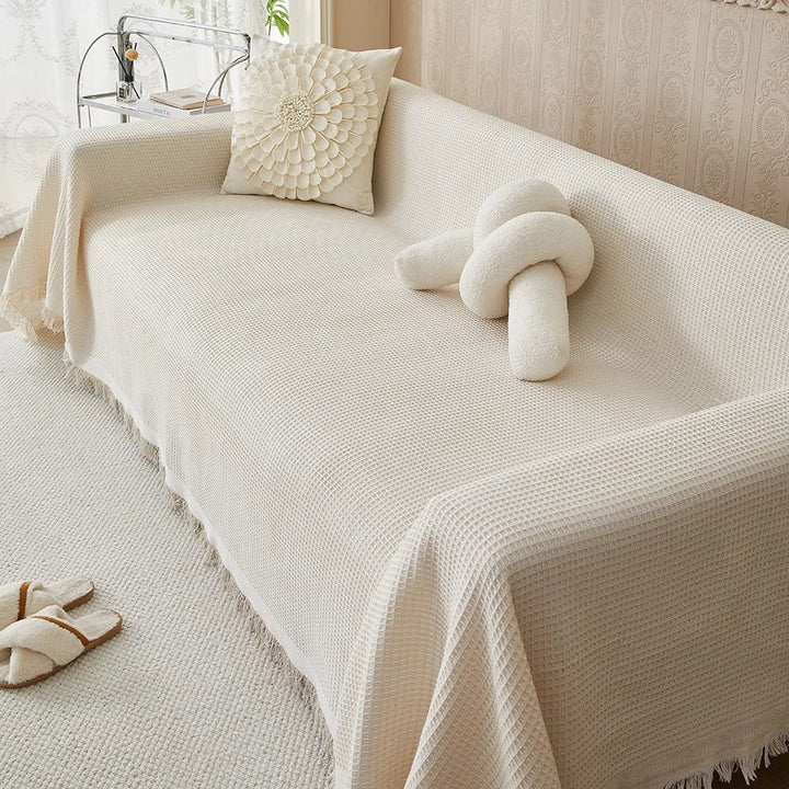 Waffle weave sofa throw cover in beige