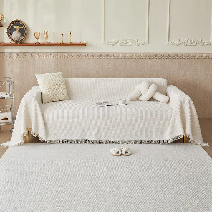 Waffle weave sofa throw cover in beige