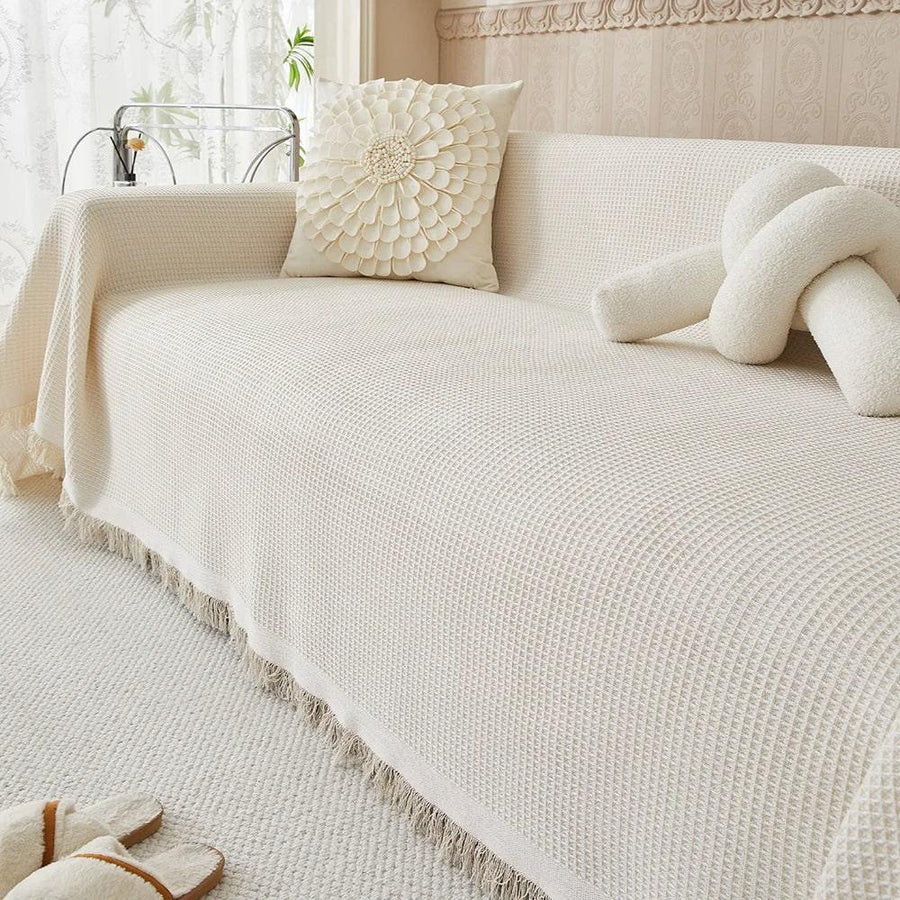 Waffle weave sofa throw cover in beige