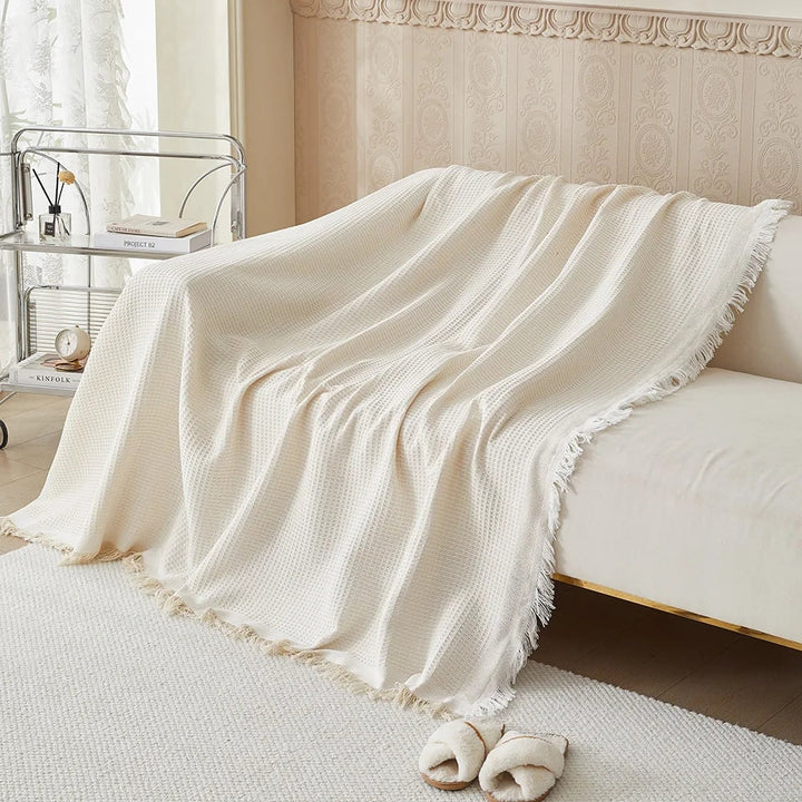 Waffle weave sofa throw cover in beige