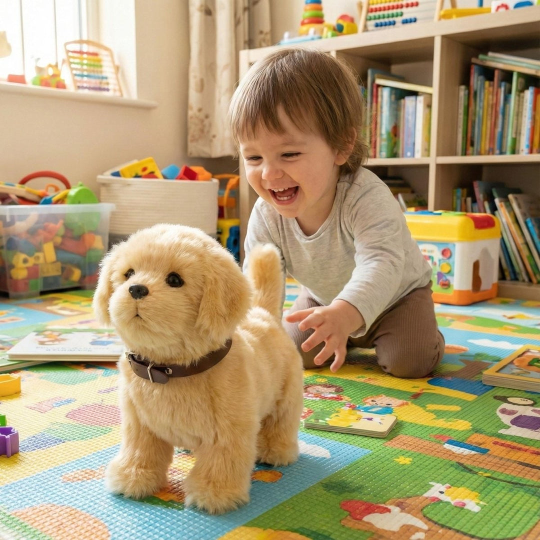 Walking and barking golden plush puppy toy