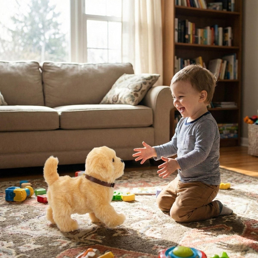 Walking and barking golden plush puppy toy