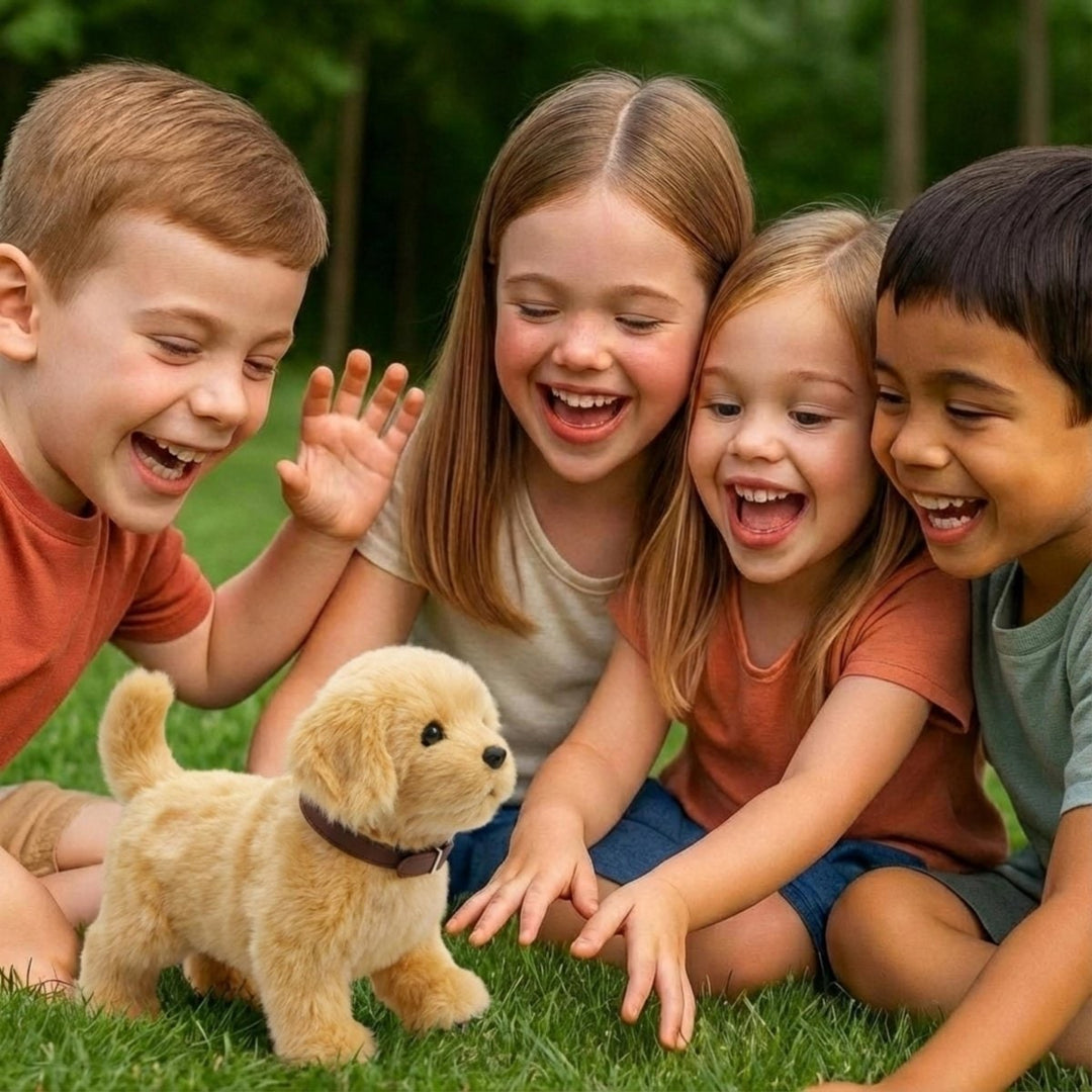 Walking and barking golden plush puppy toy