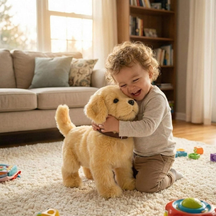 Walking and barking golden plush puppy toy