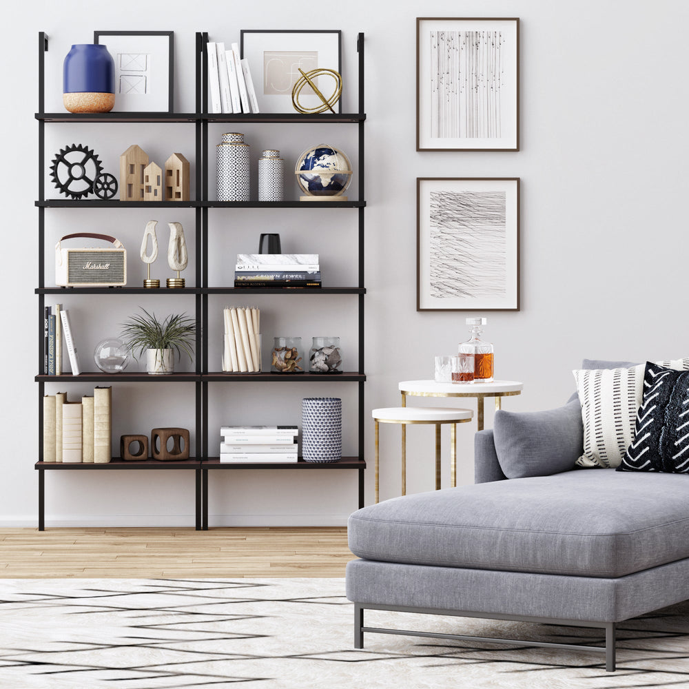 Walnut and Black 5-Shelf Ladder Bookshelf
