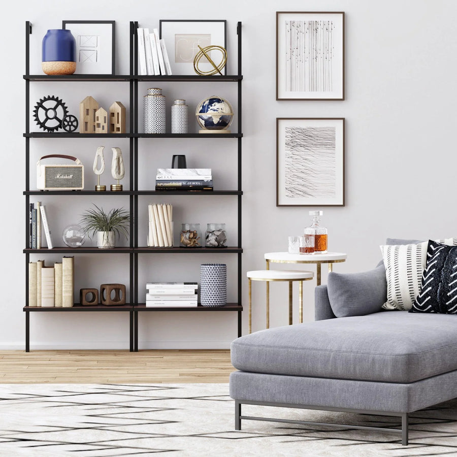 Walnut and Black 5-Shelf Ladder Bookshelf