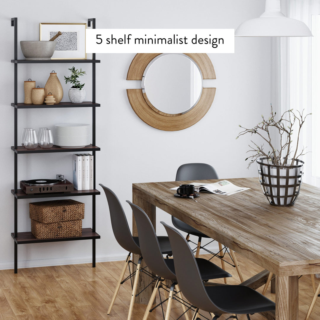 Walnut and Black 5-Shelf Ladder Bookshelf