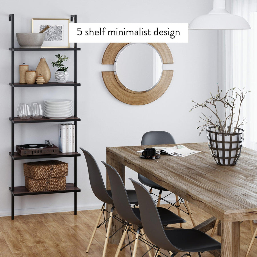 Walnut and Black 5-Shelf Ladder Bookshelf