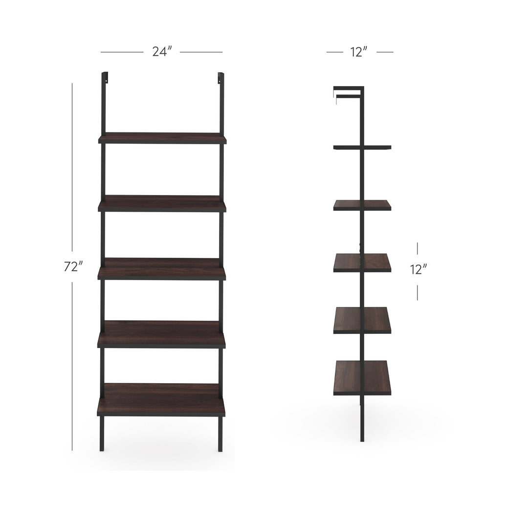 Walnut and Black 5-Shelf Ladder Bookshelf