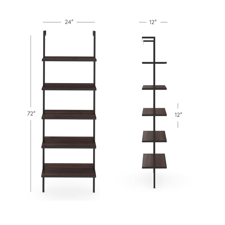 Walnut and Black 5-Shelf Ladder Bookshelf