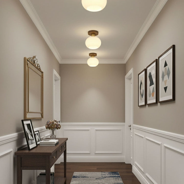 Walnut and opal glass ceiling light