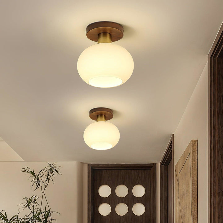 Walnut and opal glass ceiling light