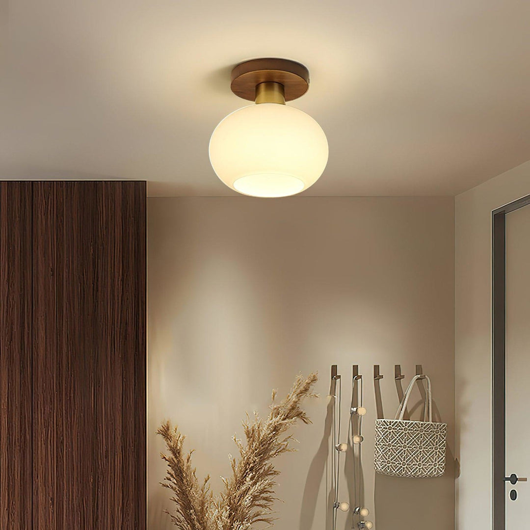 Walnut and opal glass ceiling light