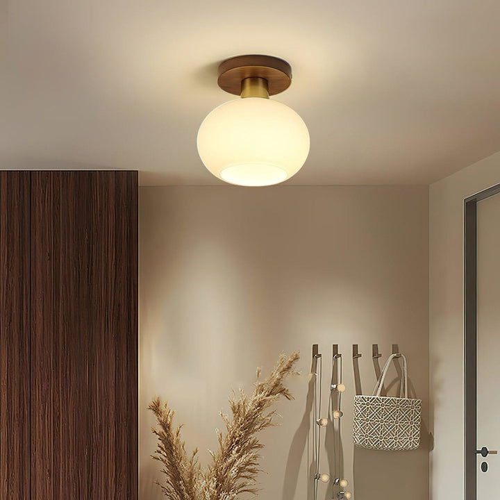 Walnut and opal glass ceiling light