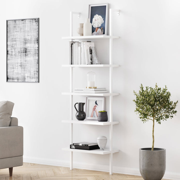 White 5-Shelf Ladder Bookshelf