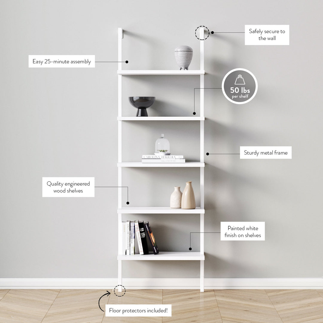 White 5-Shelf Ladder Bookshelf