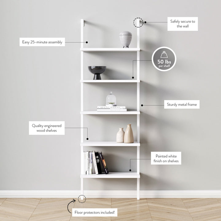 White 5-Shelf Ladder Bookshelf
