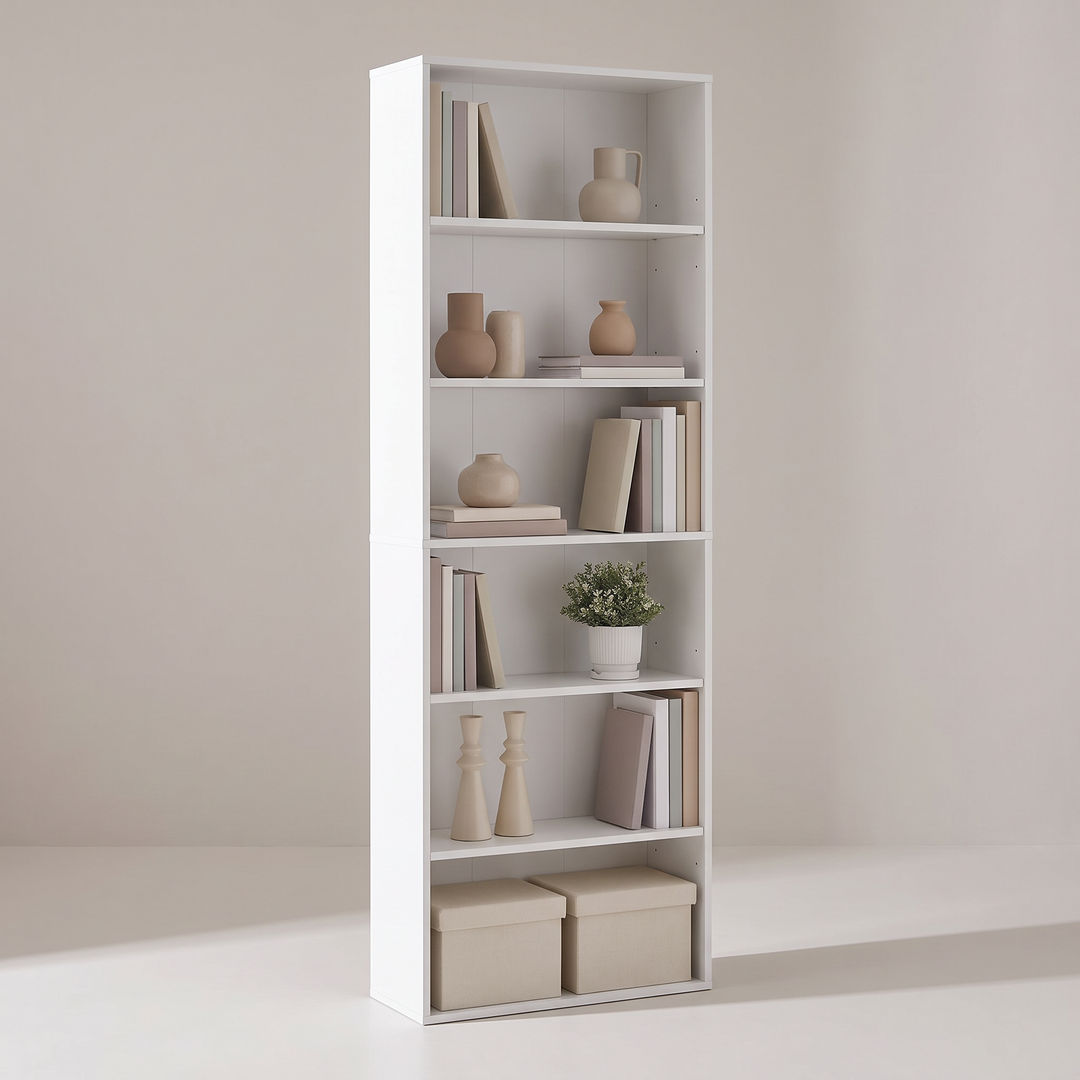 White 6-tier bookcase 60 cm wide