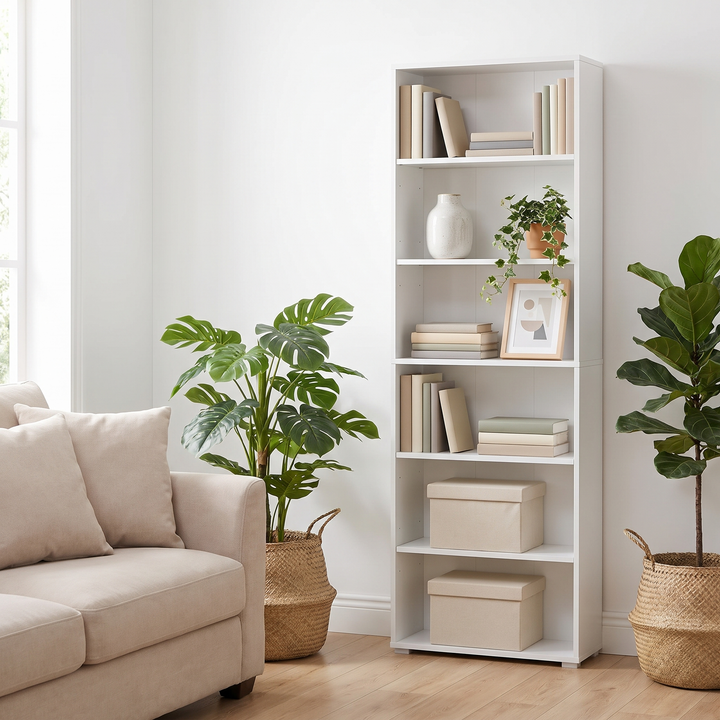 White 6-tier bookcase 60 cm wide