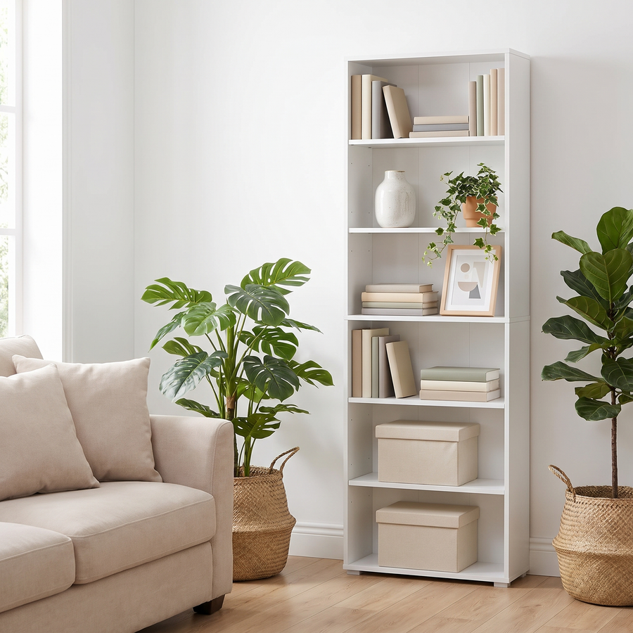 White 6-tier bookcase 60 cm wide