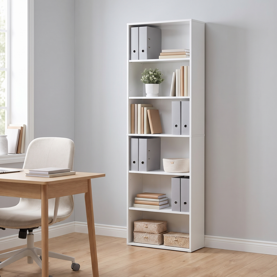 White 6-tier bookcase 60 cm wide