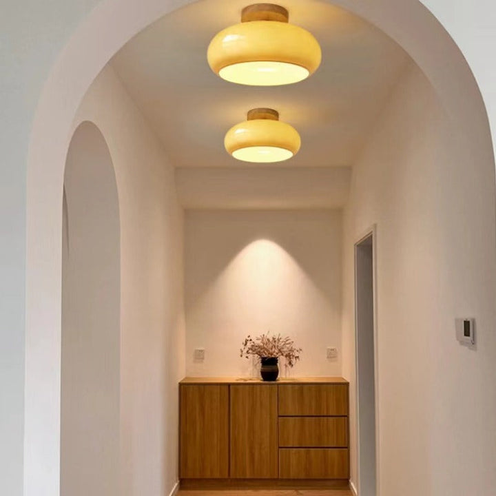 Wood and glass mushroom ceiling light