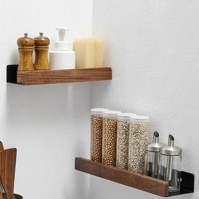 Wood rail floating bathroom shelf