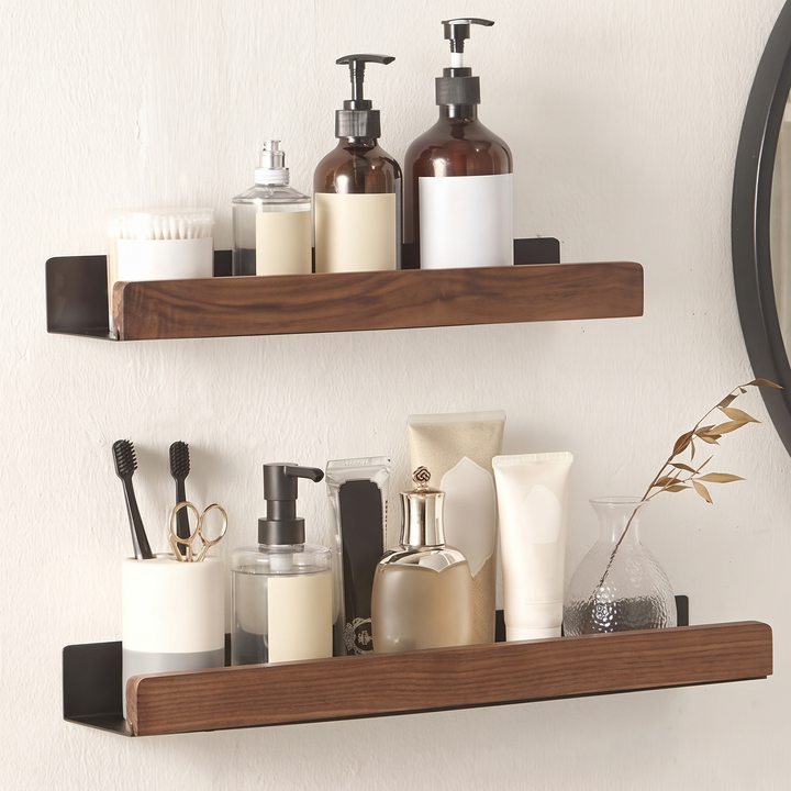 Walnut and black floating bathroom shelves