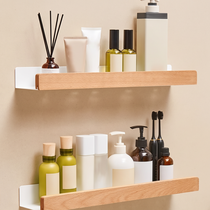Beech and white floating bathroom shelves