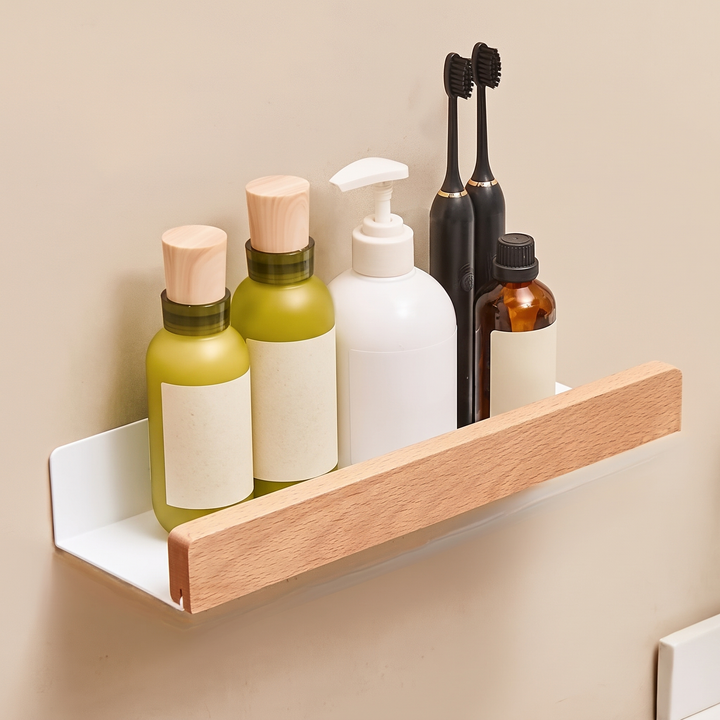 Beech floating shelf with toiletries