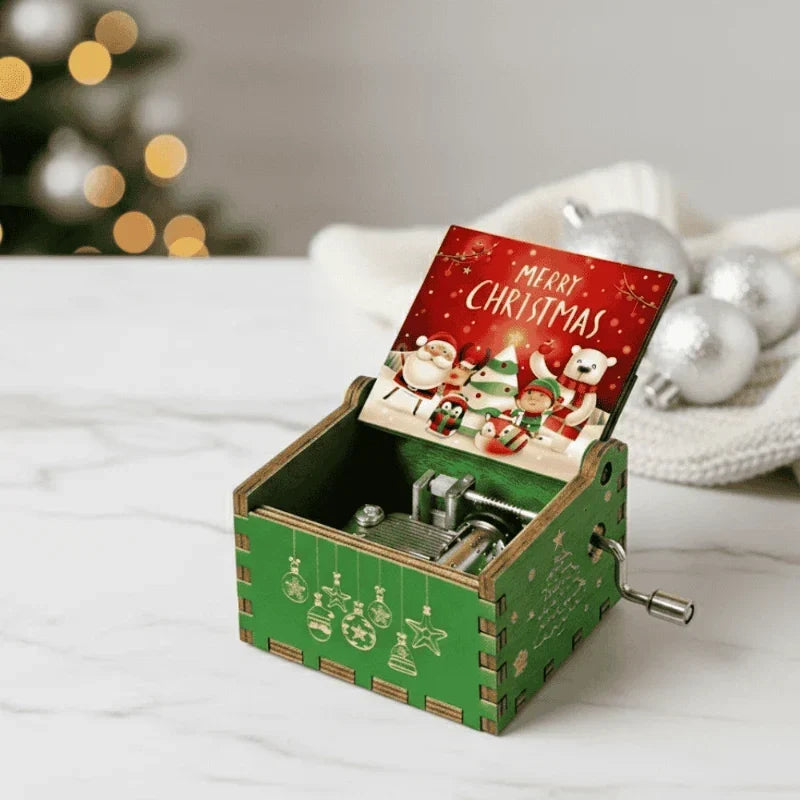 Wooden hand-crank Christmas music box