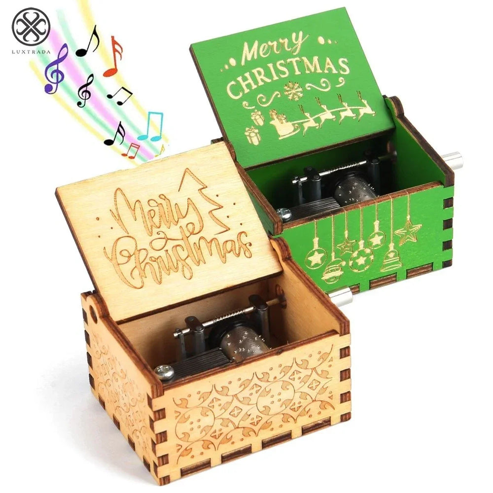 Wooden hand-crank Christmas music box