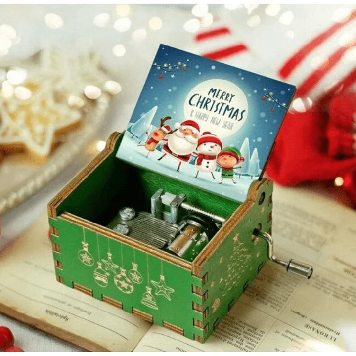Wooden hand-crank Christmas music box