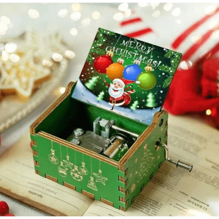 Wooden hand-crank Christmas music box