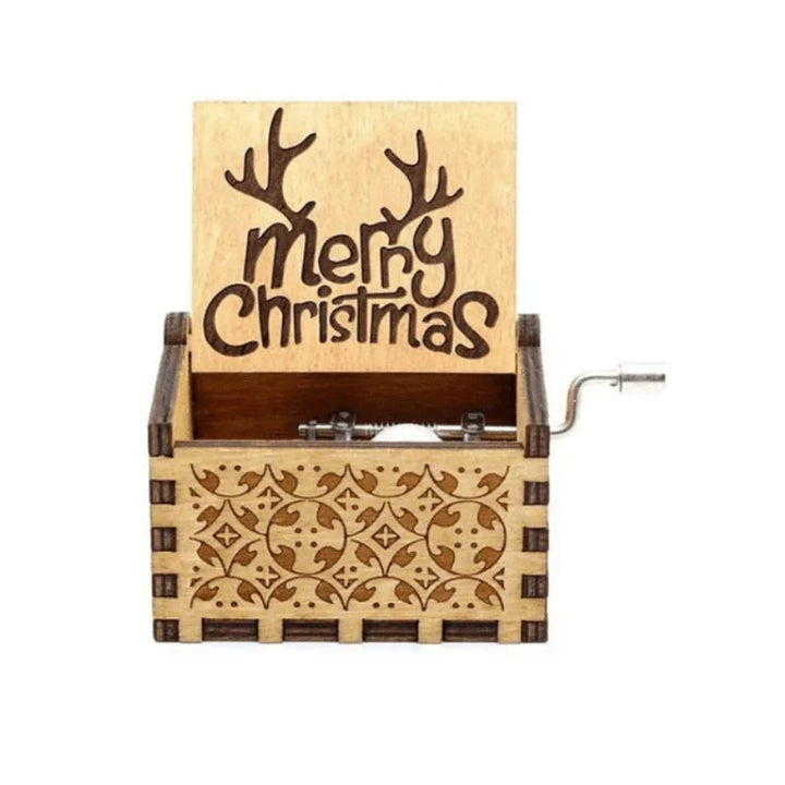 Wooden hand-crank Christmas music box